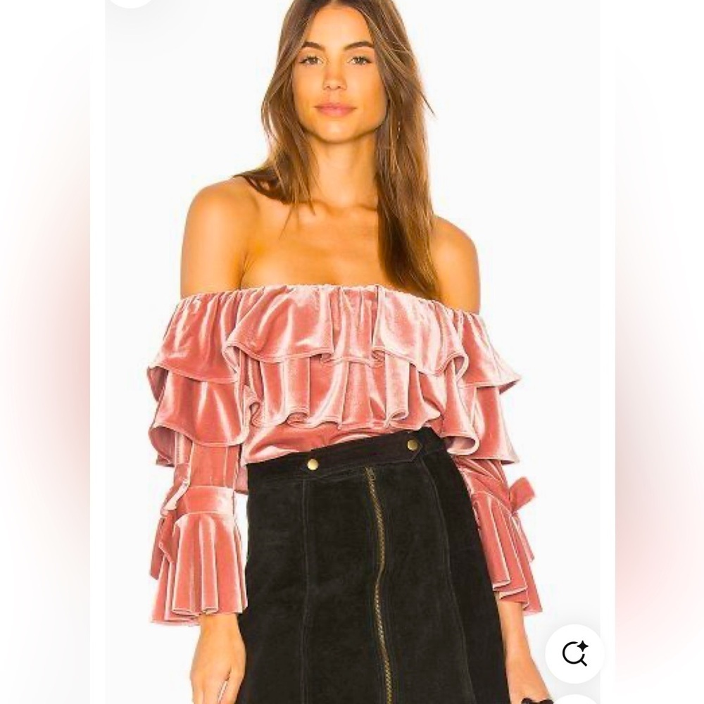 Misa LA Alecia Velvet Bodysuit Pink Sz S Off Shoulder Ruffle